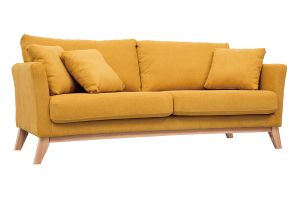 Canapé scandinave déhoussable 3 places en tissu effet velours jaune moutarde et bois clair OSLO