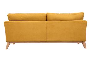 Canapé scandinave déhoussable 3 places en tissu effet velours jaune moutarde et bois clair OSLO