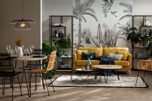 Canapé scandinave déhoussable 3 places en tissu effet velours jaune moutarde et bois clair OSLO