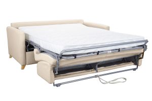 Canapé convertible 3 places en tissu beige et bois clair avec matelas 13 cm SKANDY