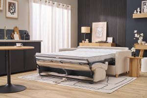 Canapé convertible 3 places en tissu beige et bois clair avec matelas 13 cm SKANDY