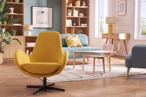 Fauteuil pivotant design en tissu effet velours jaune moutarde et métal noir ANDY