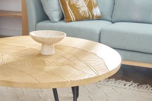 Table basse ronde gravée bois manguier massif et métal noir D80 cm VIBES