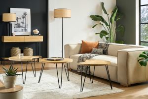 Tables basses gigognes gravées bois manguier massif et métal noir (lot de 3) VIBES