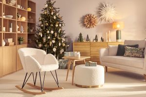 Rocking chair en tissu effet peau de mouton blanc, métal noir et bois clair RHAPSODY