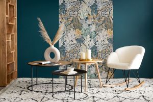 Rocking chair en tissu effet peau de mouton blanc, métal noir et bois clair RHAPSODY