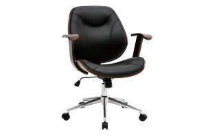 Chaise de bureau à roulettes design noir, bois foncé noyer et acier chromé YORKE