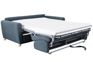 Canapé convertible 3 places en tissu bleu et bois clair avec matelas L140 cm 12 cm GRAHAM