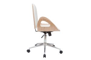 Chaise de bureau à roulettes design blanc, bois clair et acier chromé GLORY