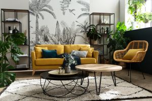 Table basse ronde bois foncé noyer et métal noir D80 cm LACE