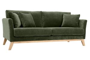 Canapé scandinave déhoussable 3 places en tissu effet velours vert kaki et bois clair OSLO