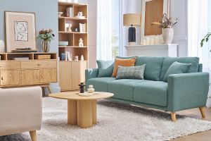 Canapé 3 places en tissu chenille vert kaki et bois clair MUNIK