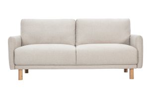 Canapé design 3 places en tissu effet velours texturé beige et bois clair BONO