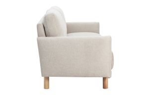 Canapé design 3 places en tissu effet velours texturé beige et bois clair BONO