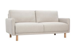 Canapé design 3 places en tissu effet velours texturé beige et bois clair BONO