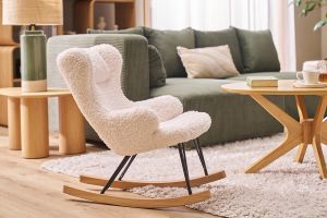 Rocking chair enfant en tissu effet peau de mouton blanc, métal noir et bois clair SHAUN