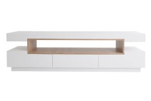 Meuble TV design blanc laqué brillant et bois L200 cm LIVO