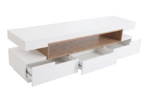 Meuble TV design blanc laqué brillant et bois L200 cm LIVO