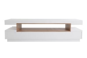 Meuble TV design blanc laqué brillant et bois L200 cm LIVO