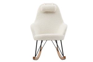 Rocking chair scandinave en tissu effet peau de mouton blanc, métal noir et bois clair JHENE