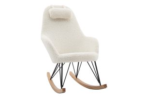 Rocking chair scandinave en tissu effet peau de mouton blanc, métal noir et bois clair JHENE
