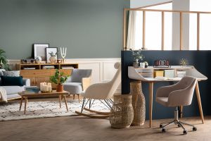 Rocking chair scandinave en tissu effet peau de mouton blanc, métal noir et bois clair JHENE