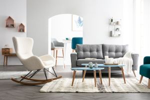 Rocking chair scandinave en tissu effet peau de mouton blanc, métal noir et bois clair  ESKUA