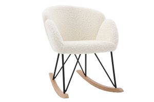 Rocking chair en tissu effet peau de mouton blanc, métal noir et bois clair RHAPSODY