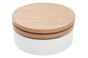 Table basse ronde avec plateaux pivotants et rangement blanc et bois clair chêne D80 cm ICON