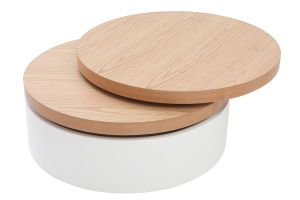 Table basse ronde avec plateaux pivotants et rangement blanc et bois clair chêne D80 cm ICON