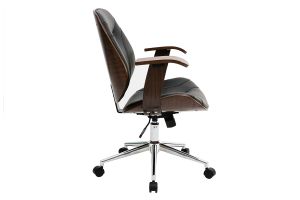 Chaise de bureau à roulettes design noir, bois foncé noyer et acier chromé YORKE