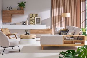 Table basse ronde avec plateaux pivotants et rangement blanc et bois clair chêne D80 cm ICON