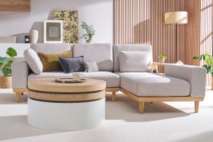 Table basse ronde avec plateaux pivotants et rangement blanc et bois clair chêne D80 cm ICON