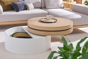 Table basse ronde avec plateaux pivotants et rangement blanc et bois clair chêne D80 cm ICON
