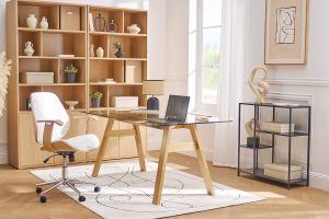 Chaise de bureau à roulettes design blanc, bois clair et acier chromé YORKE