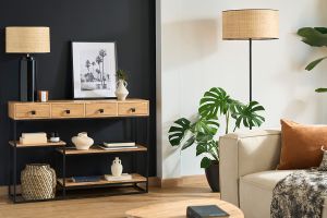 Console industrielle avec rangements 4 tiroirs en bois massif et métal noir L115 cm GRENELLE