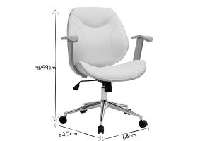Chaise de bureau à roulettes design blanc, bois clair et acier chromé YORKE