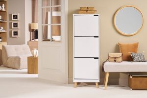 Meuble à chaussures scandinave blanc et bois 3 casiers L47 cm MITRAA