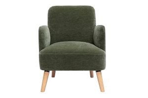 Fauteuil scandinave en tissu effet velours vert kaki et bois clair ISKO