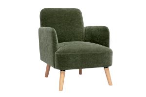 Fauteuil scandinave en tissu effet velours vert kaki et bois clair ISKO