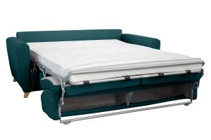 Canapé convertible 3 places en tissu bleu canard et bois clair avec matelas L140 cm 13 cm GRAHAM
