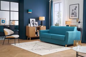 Canapé convertible 3 places en tissu bleu canard et bois clair avec matelas L140 cm 13 cm GRAHAM