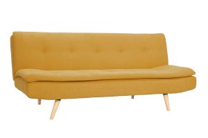 Canapé convertible 3 places en tissu effet velours jaune moutarde et bois clair SENSO