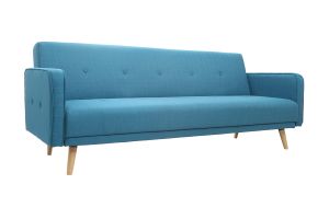 Canapé convertible scandinave 3 places en tissu bleu et bois clair ULLA