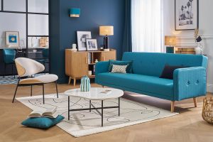 Canapé convertible scandinave 3 places en tissu bleu et bois clair ULLA