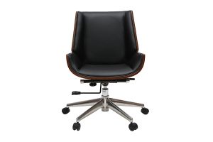Chaise de bureau à roulettes design noir, bois foncé noyer et acier chromé CURVED