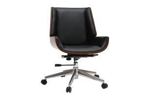 Chaise de bureau à roulettes design noir, bois foncé noyer et acier chromé CURVED