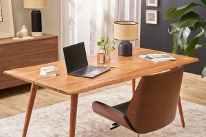 Chaise de bureau à roulettes design noir, bois foncé noyer et acier chromé CURVED