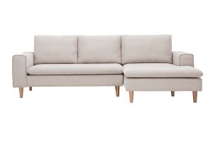 Canapé d'angle droit en tissu effet velours texturé beige et bois clair RAGNAR