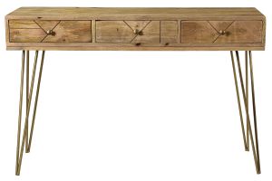 Console avec rangements 3 tiroirs en bois manguier massif gravé et métal doré L120 cm LINIUM